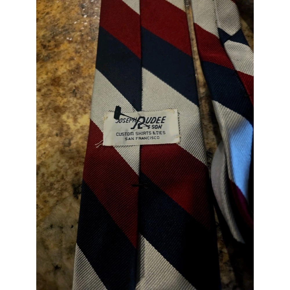 Vintage Joseph Rudee Hand Made Neck Tie Stripes Blue Red Lighter Grey. Silk